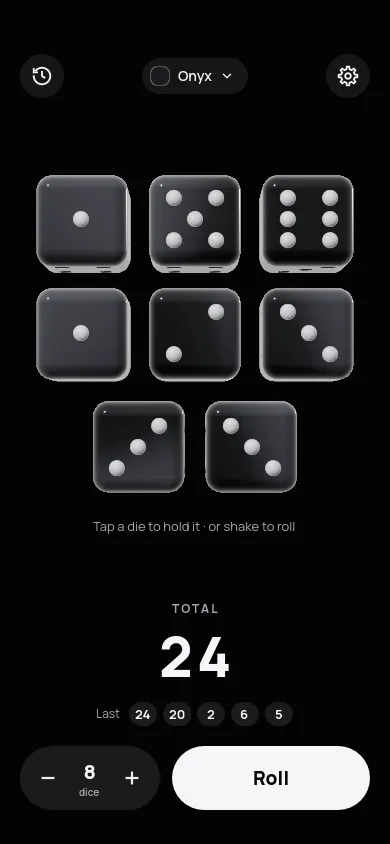 Eight dice on screen with a total of 24