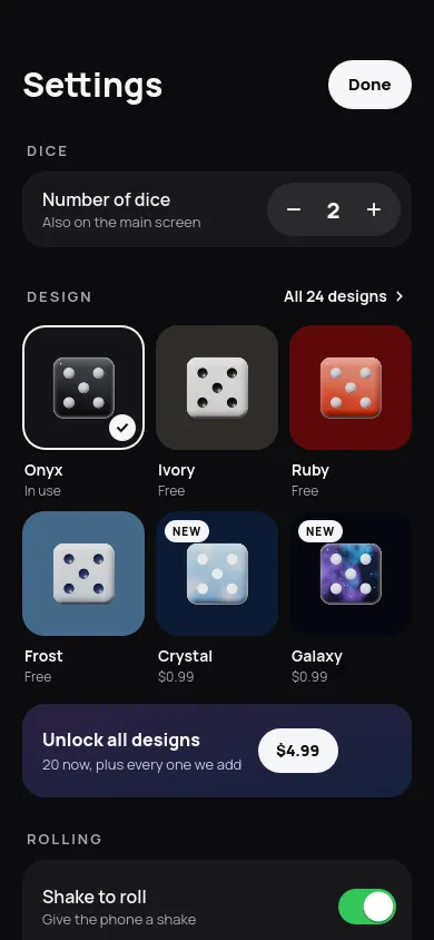 Novo Dice settings screen